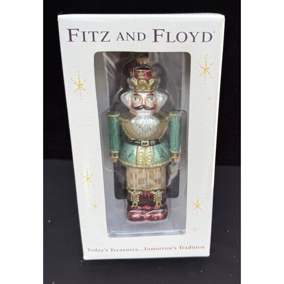 Fitz and Floyd Hand Painted Glass Nutcracker Holly Motif Ornament New In Box -S1 - Picture 2 of 8